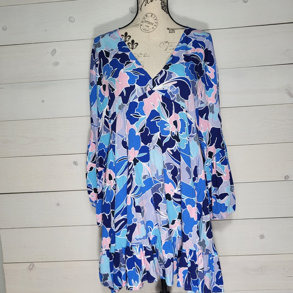 LABEL OF LOVE Dress Floral Bell Sleeve Tiered Hem Beachy Coastal Cowgirl